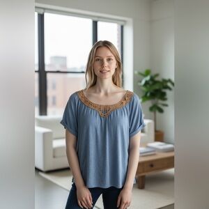 Preswick & Moore short sleeve Light blue shirt with tan lace trim